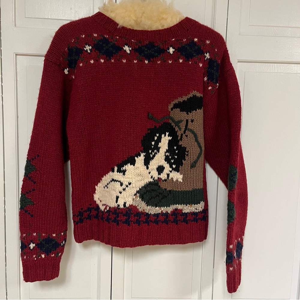 Woolrich 100% Wool Vintage Sweater Dog- Puppy Boot Size Medium- 2 sided design - Picture 1 of 17